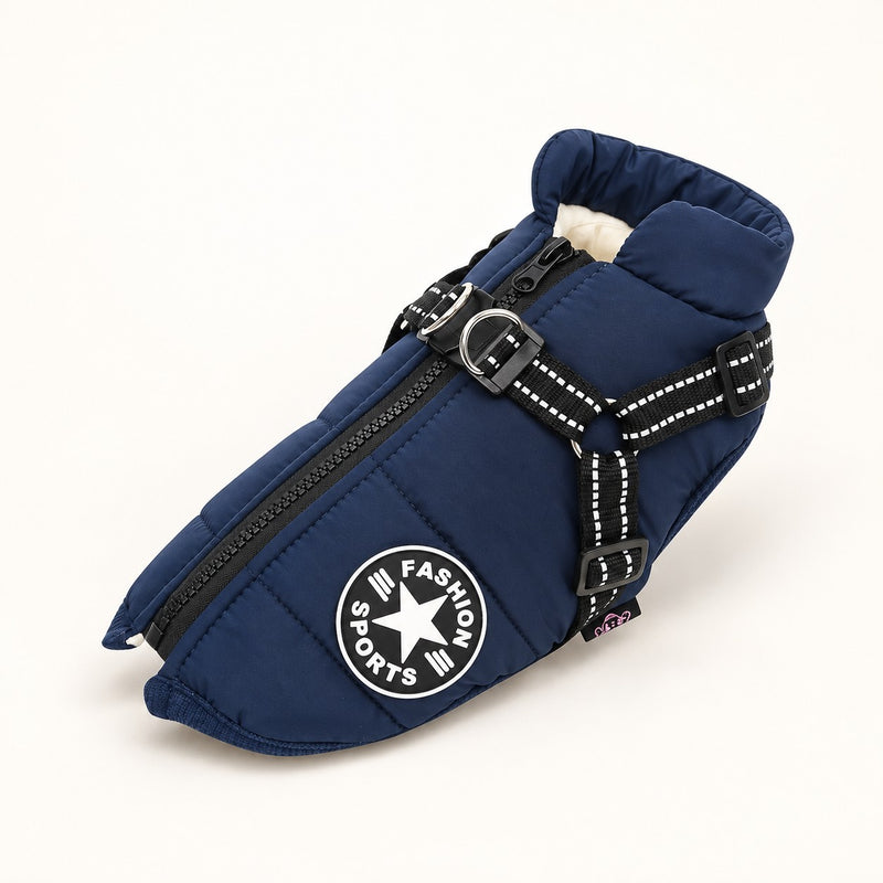 All-weather dog coat with built-in harness in navy