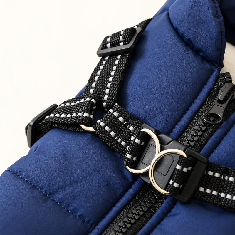 Close-up of the built-in harness with metal D-ring and reflective straps