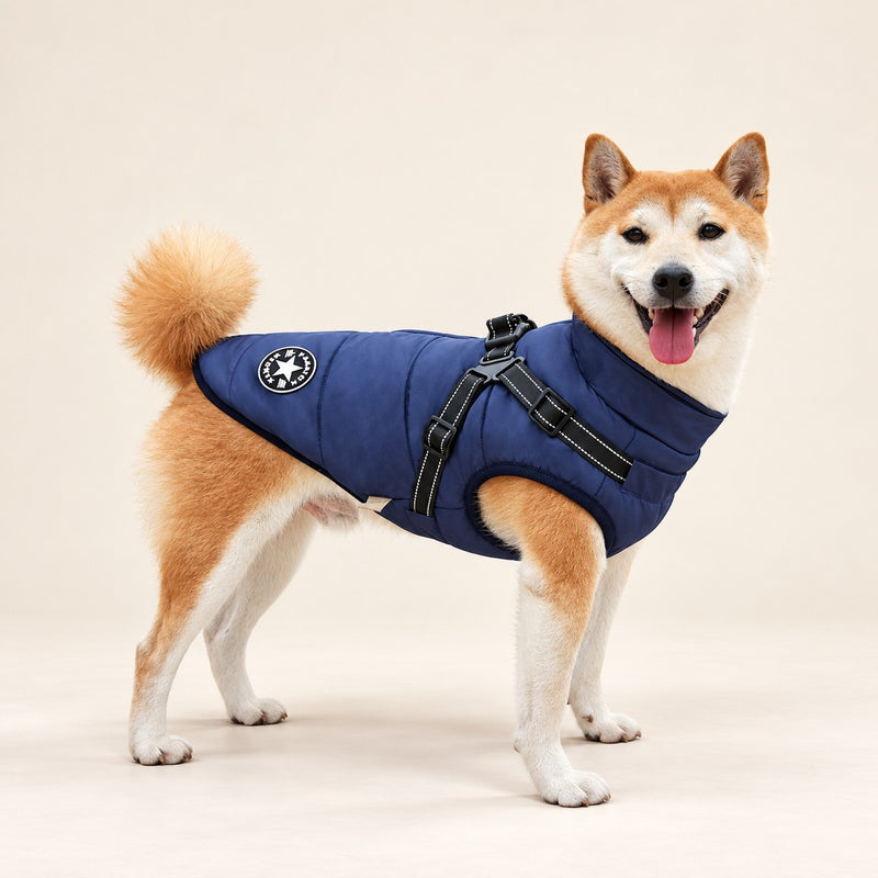 Shiba Inu wearing the navy all-weather harness coat