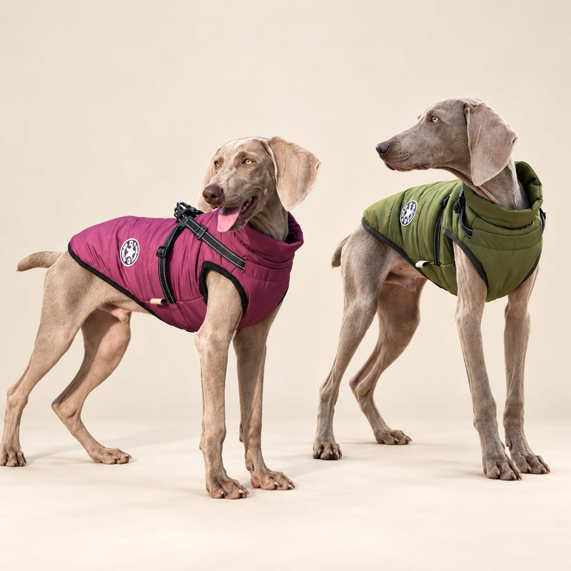 Two large dogs wearing the plum and olive coats