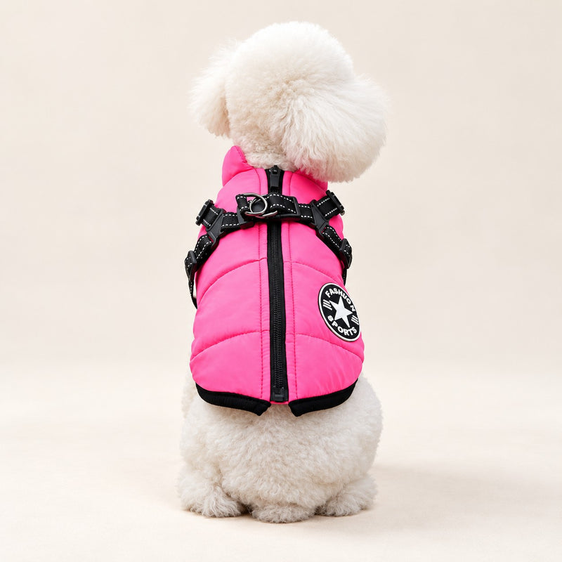 Back view of the raspberry pink coat with harness