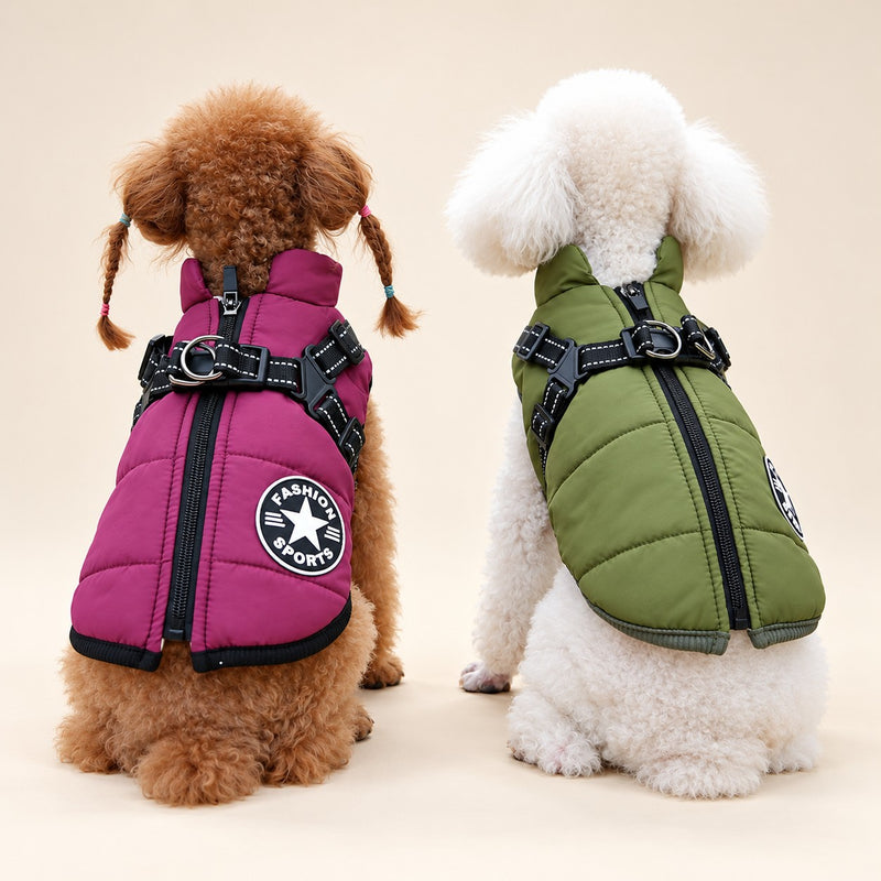 Two dogs wearing the plum and olive coats, back view
