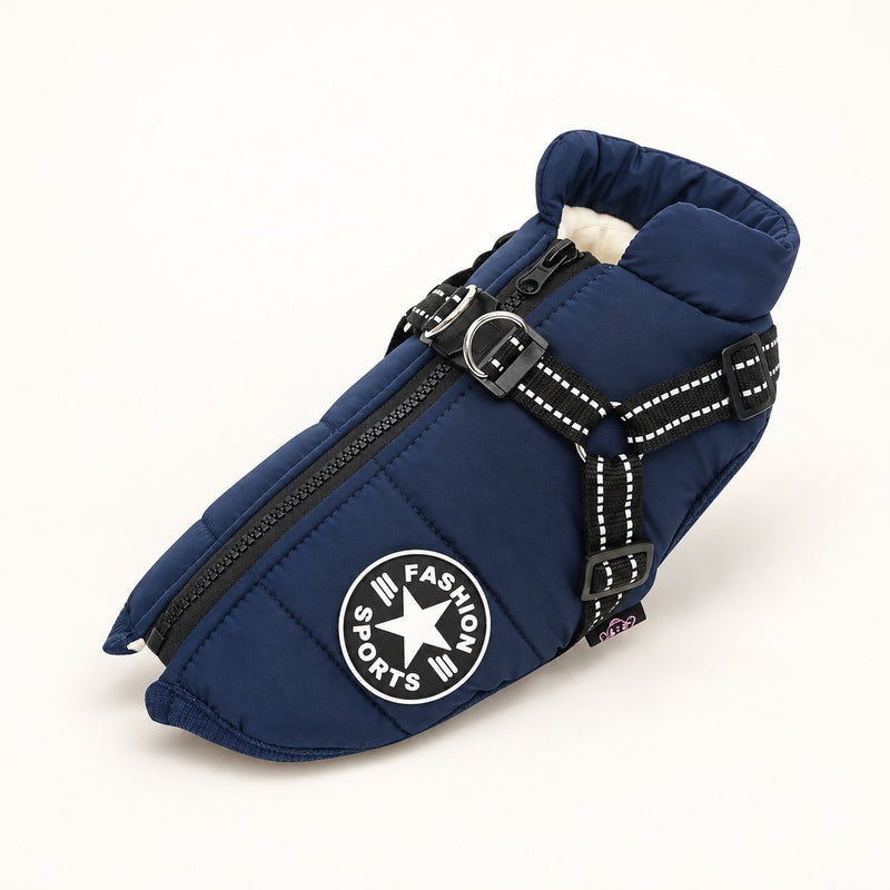 The all-weather dog coat in navy with its built-in harness